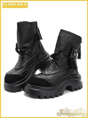 Mid Calf Combat Boots with Chunky Sole and Side Zip